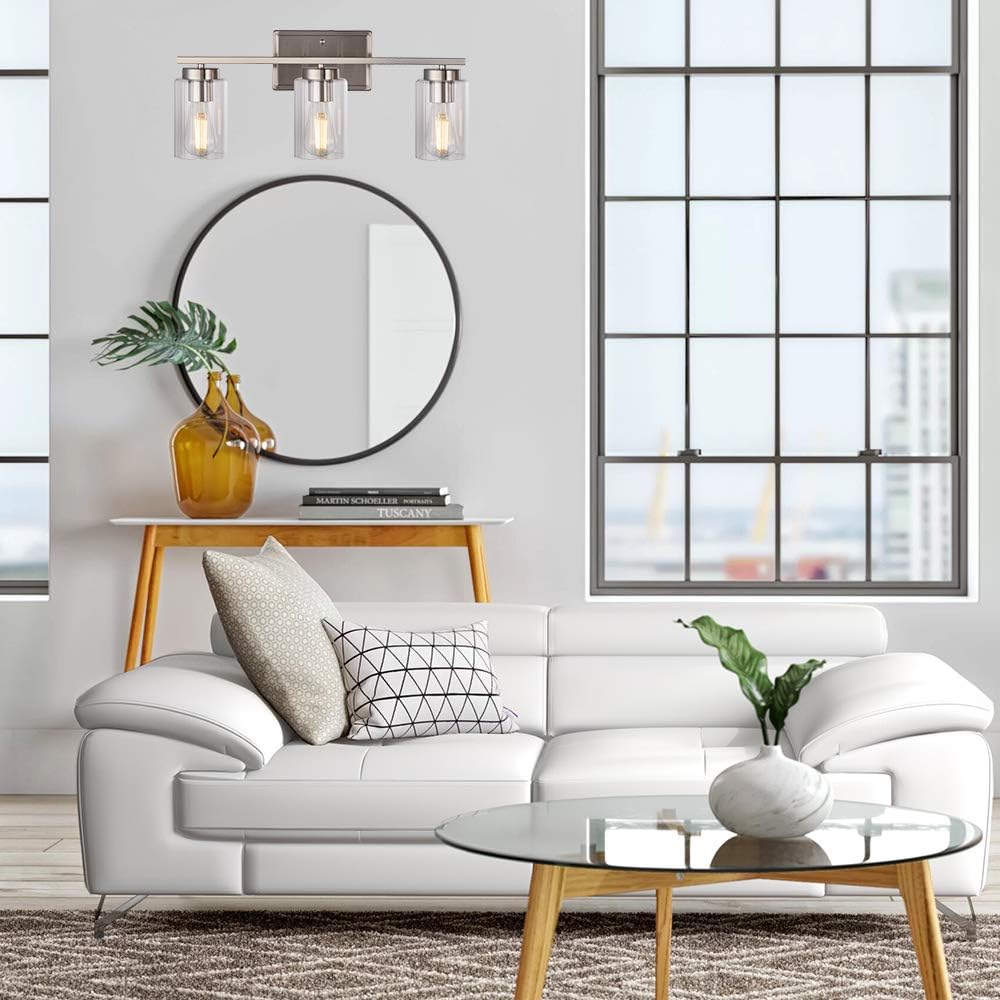 Flash Deals - 50% OFF VINLUZ Bathroom Vanity Light Fixtures 3-Light Modern Wall Lighting Brushed Nickel with Clear Ribbed Glass Shade Over Mirror Wall Mount Lights for Bedroom Living Room Hallway Kitchen