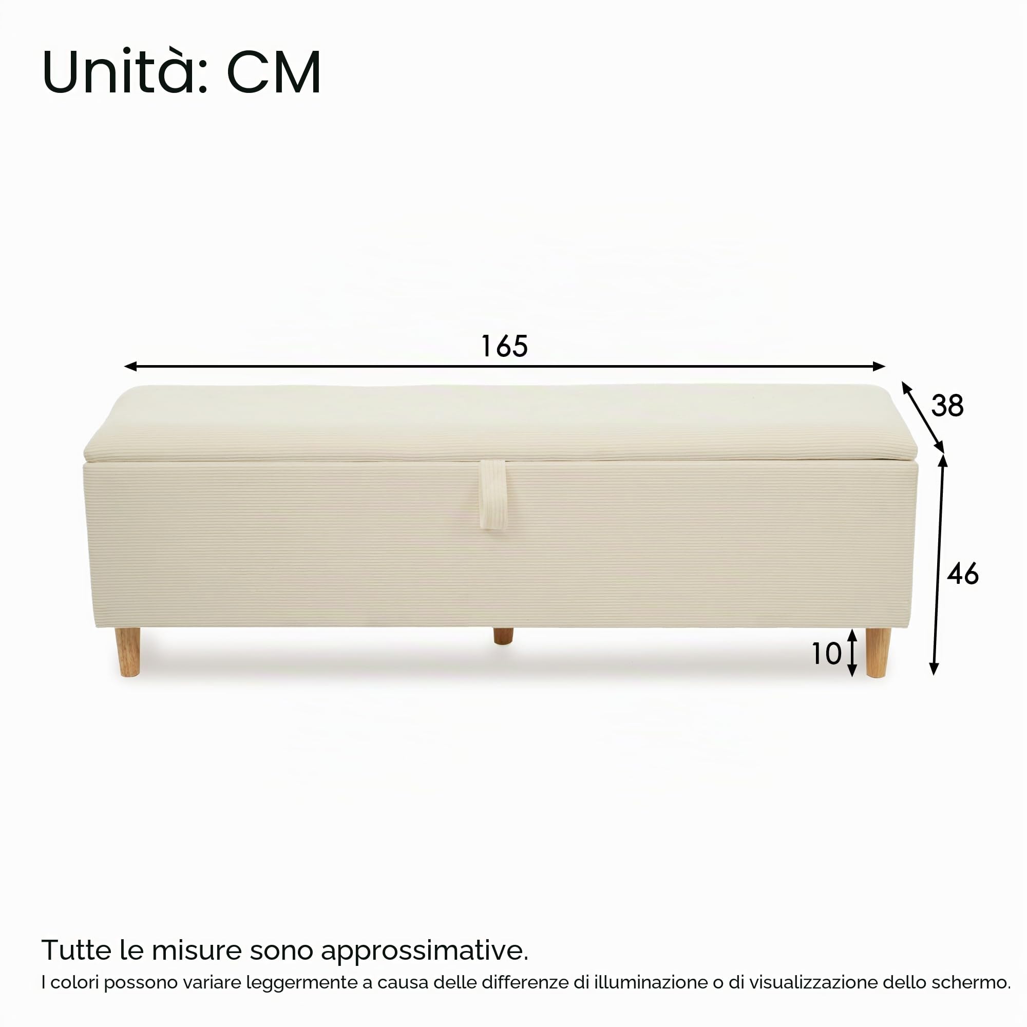 TIZZ Panca da letto 165 x 38 cm con spazio di archiviazione, panca imbottita con vano portaoggetti idraulico, adatta per camera da letto, soggiorno, corridoio, effetto cord beige