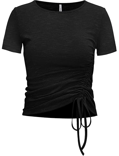 Zengjo Womens Long/Short Sleeve Workout Tops Ruched Side Yoga Atheltic Shirt Slim Fitted - Large - Black-047