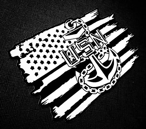 Image of USN Veteran Sailor Anchor American Flag Weathered Vinyl Sticker Decal (5 inchx8 inch)