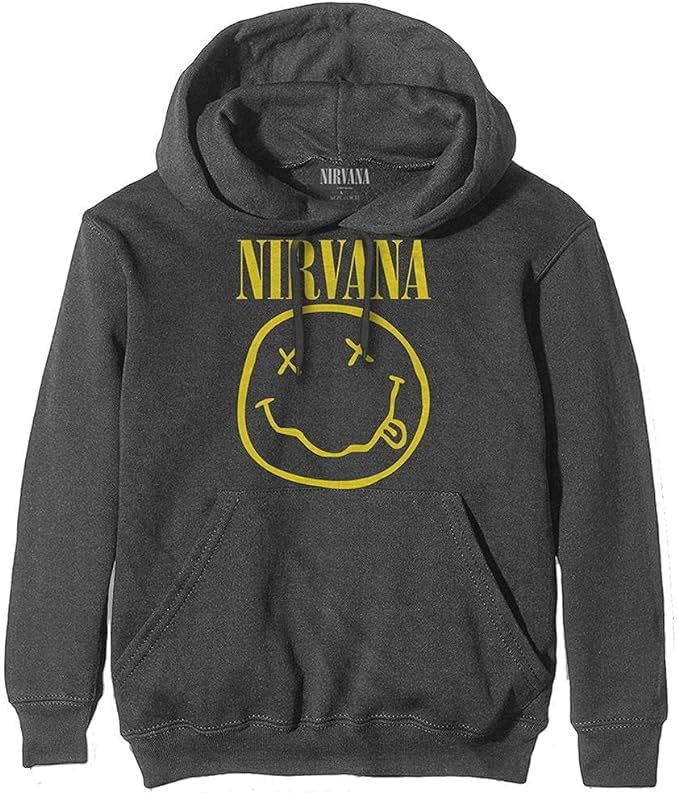 Nirvana Mens Yellow Smile Pullover Hoodie Charcoal X-Large | Officially Licensed Merchandise