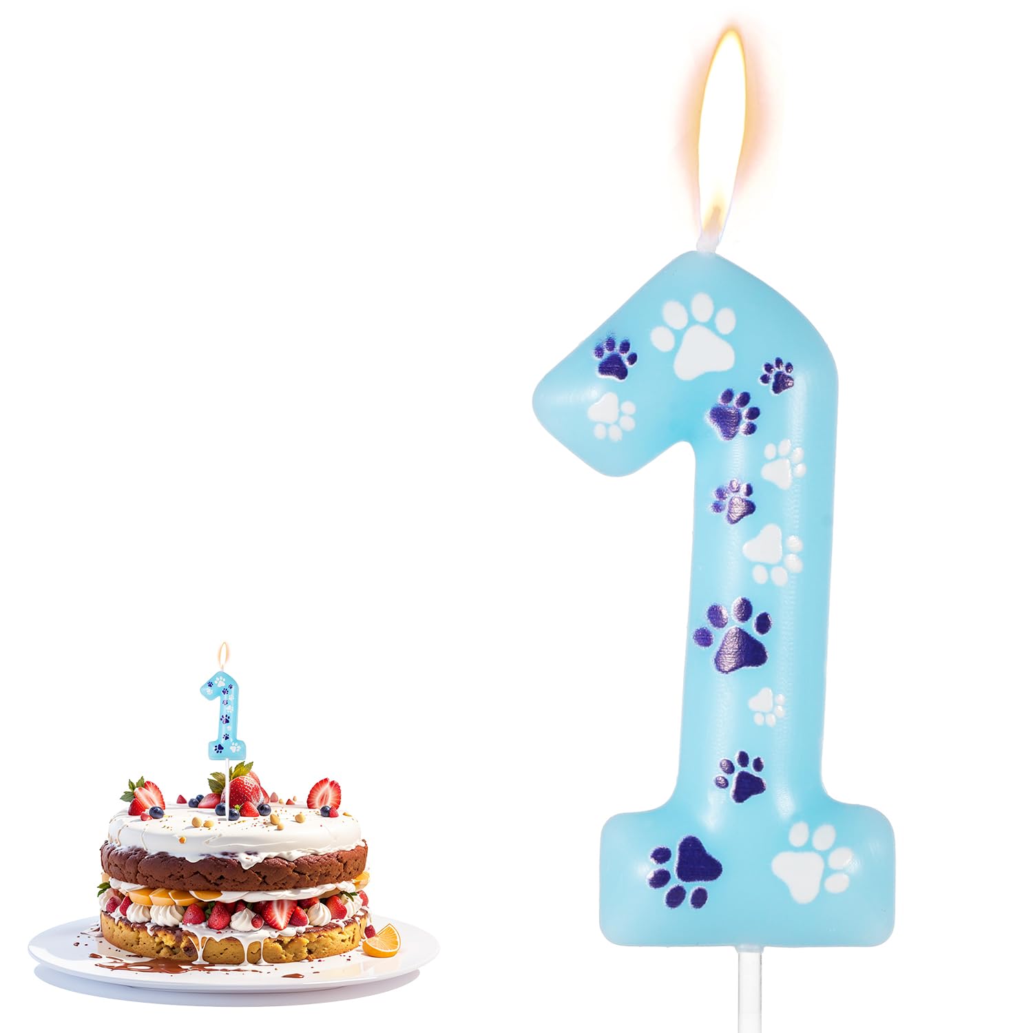 Paw Print Birthday Candle, 4.13x1.57in Pet Dog Cat Birthday Candle Party Decor Blue Cupcake Candle Topper Paw Print Candle for Birthday Cake Pet Theme Party Decor (Number 1)