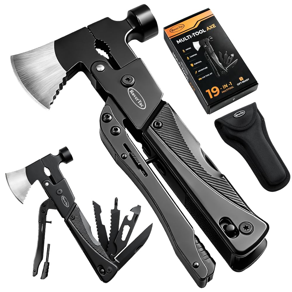 RoverTac 19-in-1 Multi-Tool Axe with Knife, Hammer, Saw, Screwdrivers, Bottle Opener, Nylon Sheath, Camping Tool Survival Gear, Gifts for Men, Dad Gifts, Husband Christmas Stocking Stuffers Black