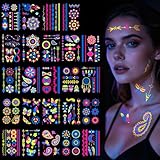 LOPHE Tatuaggi Temporanei, 24 Fogli Party Fluo Tatuaggi, Tatuaggi Luminosi Fosforescente sotto Festa Neon UV, Impermeabile, Tatuaggi per Compleanno Festival Party Viso Trucco