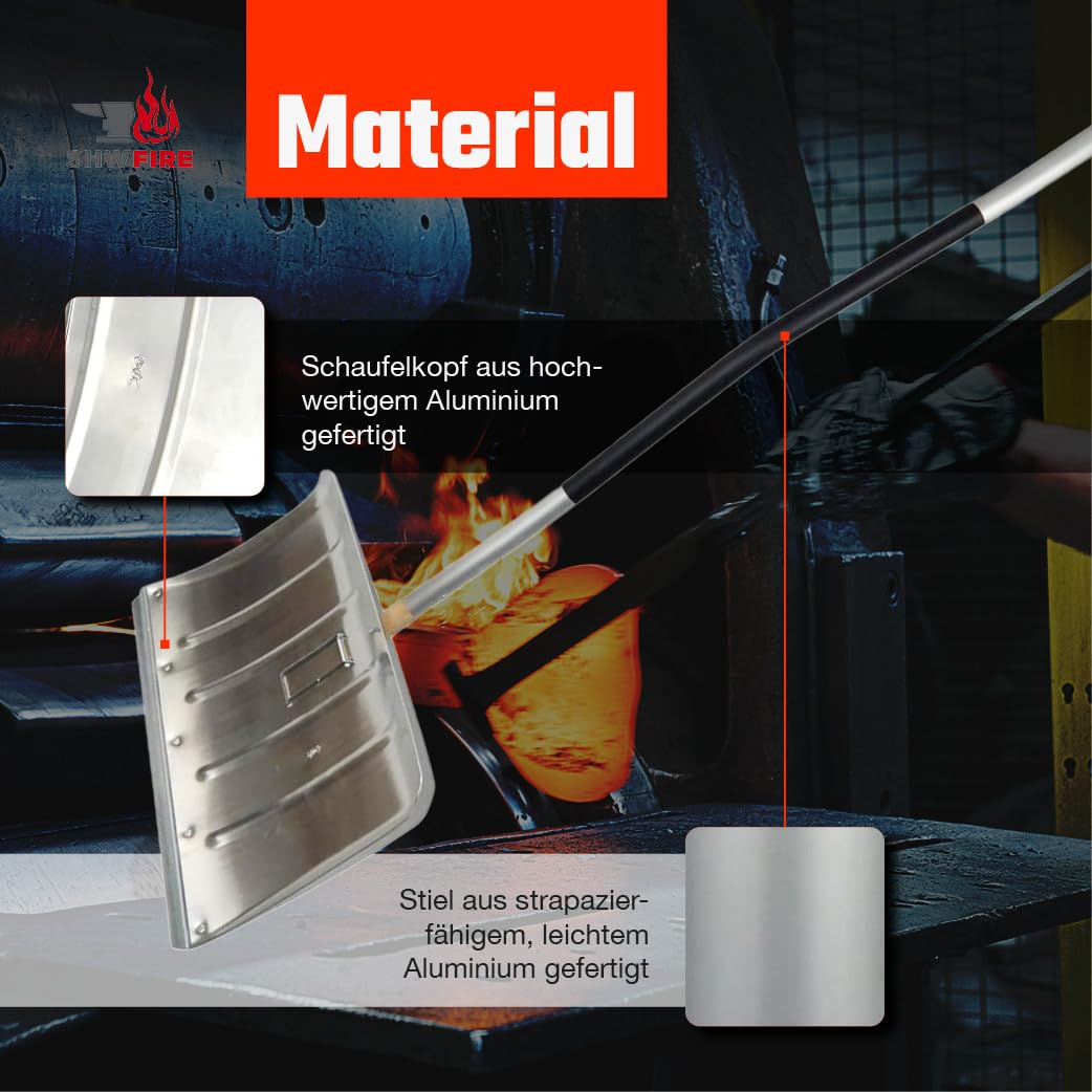 SHW-FIRE | Schneeschieber 50 cm breit, robuster 130 cm Aluminiumstiel mit Kunststoffgriff, ergonomisches Design, mit Aluschutzkante, ideal für Schneeräumung & Winterarbeiten | Made in Germany
