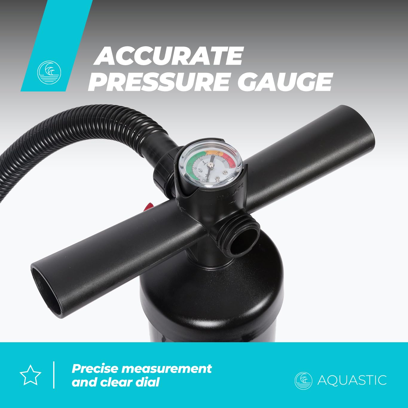 AQUASTIC Pompa a mano per kayak con manometro integrato Pressione 14,5 PSI / 1 bar Due Vani con capacità 3 litri Tubo lungo 125 cm Nero AQS-KPU001