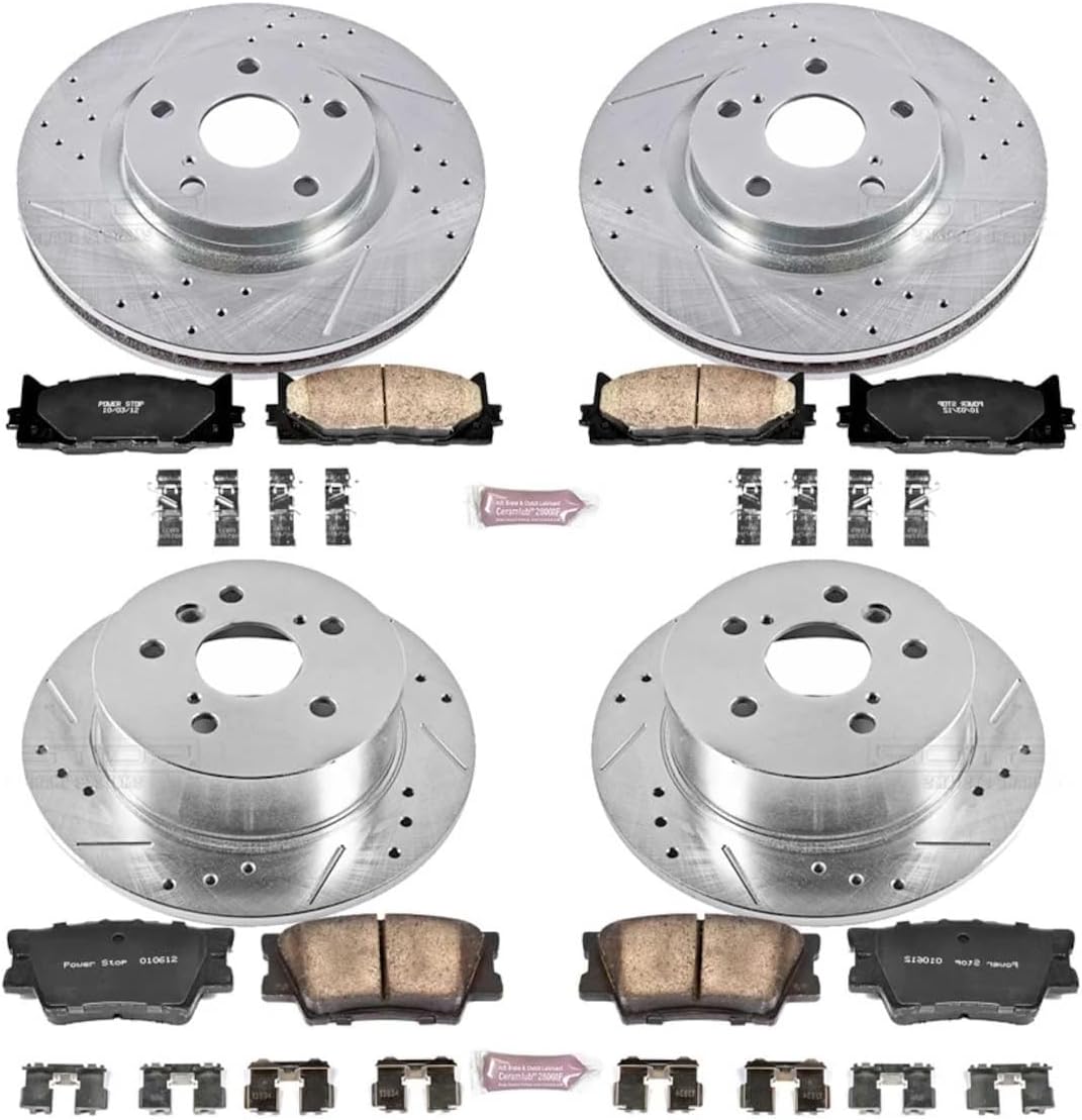 PowerStop Front and Rear Brake Kit For Lexus ES350 2007-12 |Toyota Avalon 2008-12 |Camry 2007-11 - Drilled and Slotted Disc Rotors with Ceramic Brake Pads Replacement, K2822