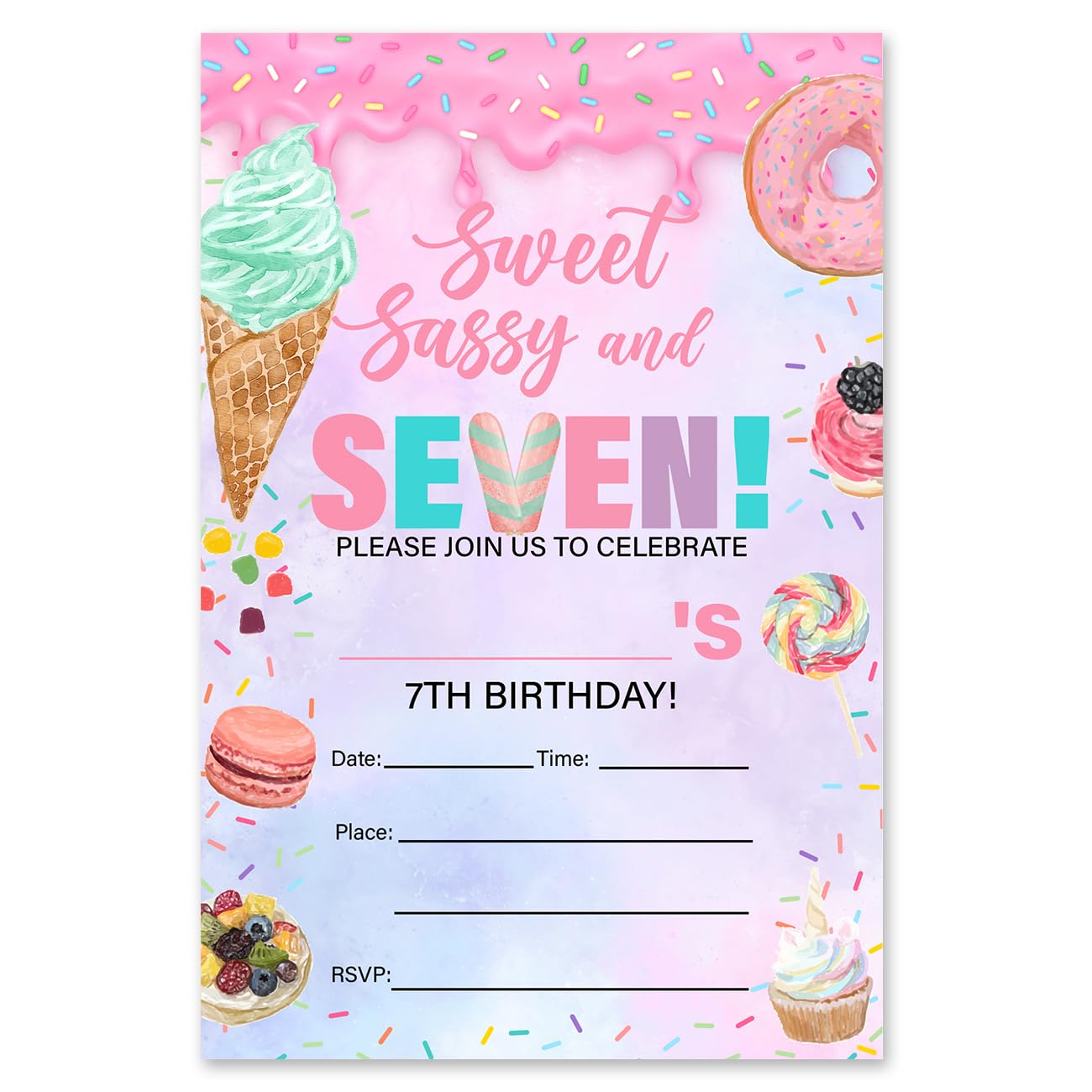 brayqu 7th Birthday Invitations Girls 7 Year Old Birthday Invites Sweet Sassy and Seven Birthday Invites Fill-in (20 Invitations with Envelopes)