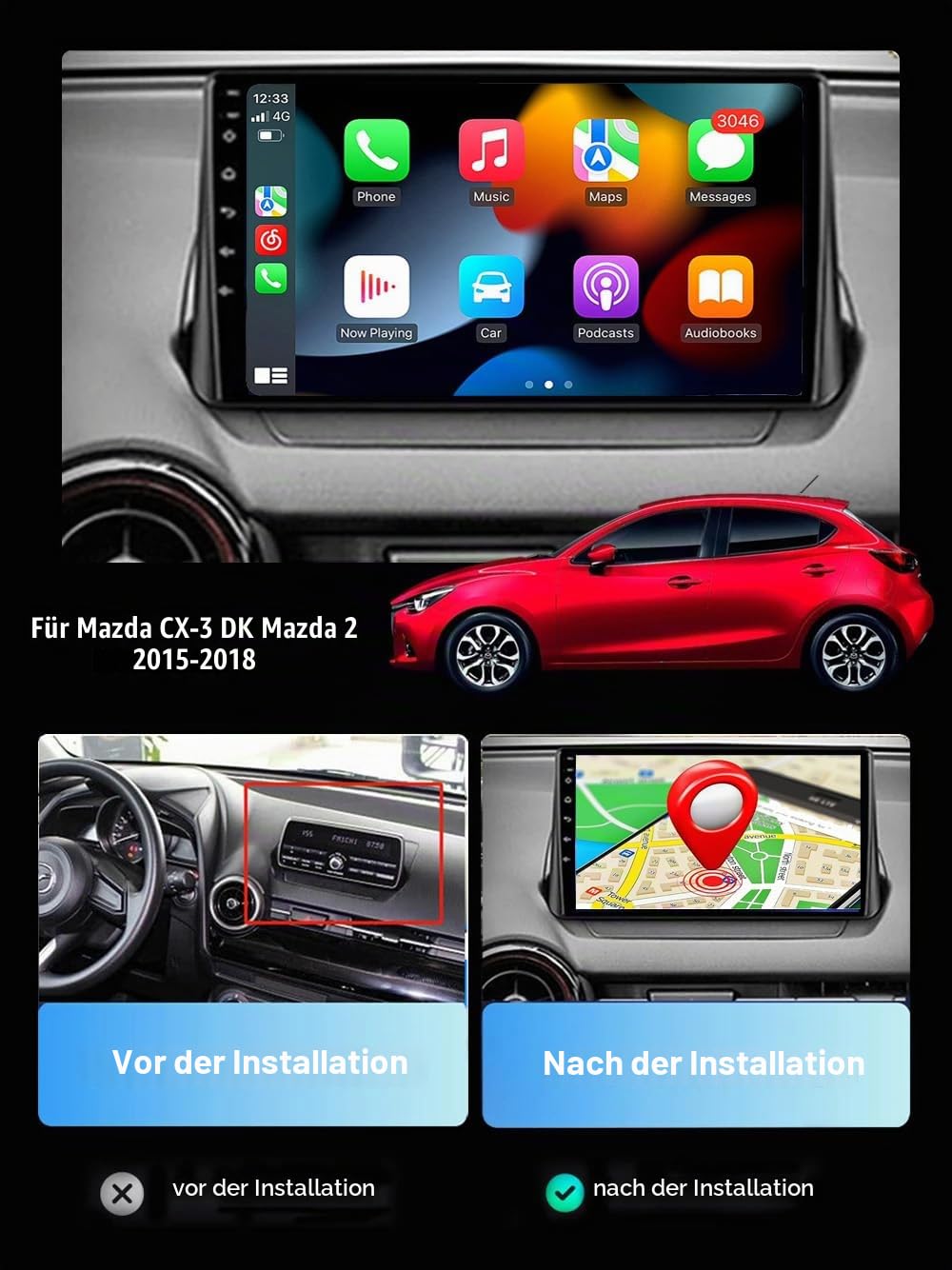 RoverOne Autoradio GPS für Mazda CX3 CX-3 CX 3 für Mazda 2 DK 2014 2015 2016-2021​ Carplay Android Auto Stereo Head Unit Bluetooth Sat Navigation