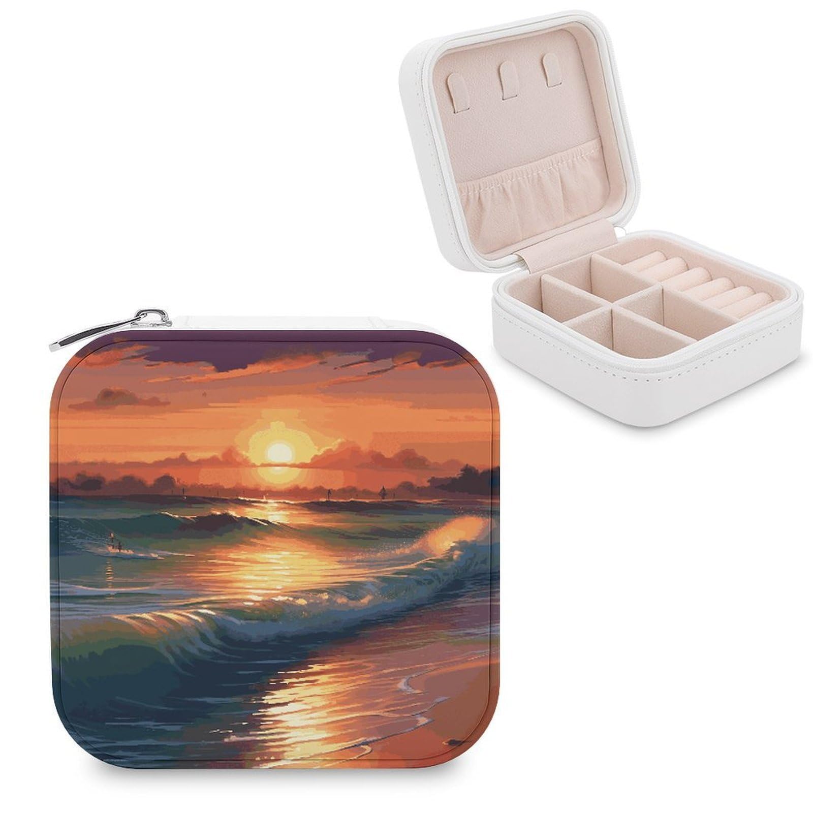 VstaDank Sunset Seaside Jewelry Box Beautiful Portable Ring Boxes Cute Large-Capacity Jewelry Case Jewelry Organizer for Mothers Gifts for Earrings Rings Hand Bracelet