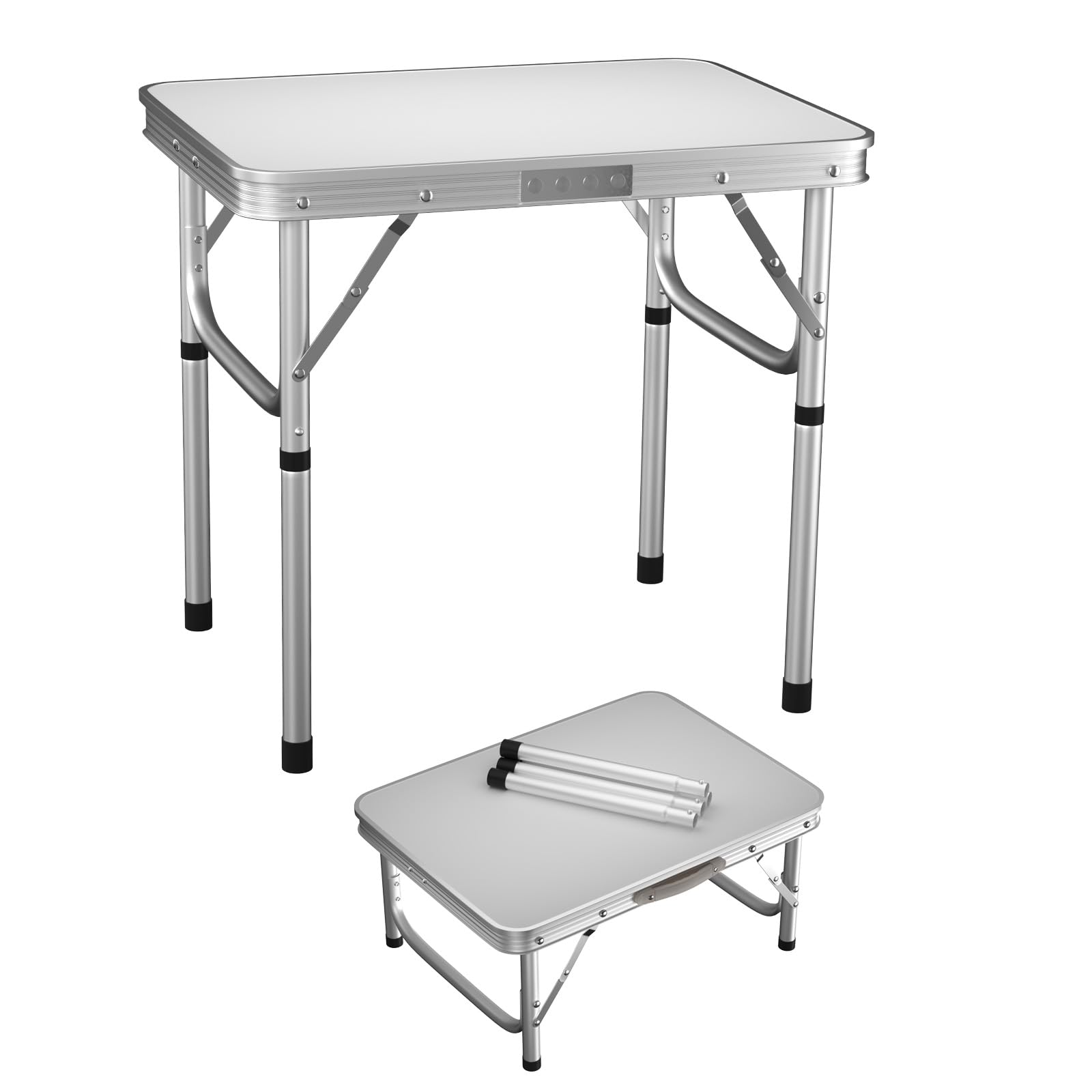 Aluminum Camping Table Folding Table Lightweight Portable Garden Table for Picnic, Fishing, Barbecue, Beach, Party, Space Saving Folding Table, 60cm x 40cm x 26cm/56cm Adjustable Height (White)