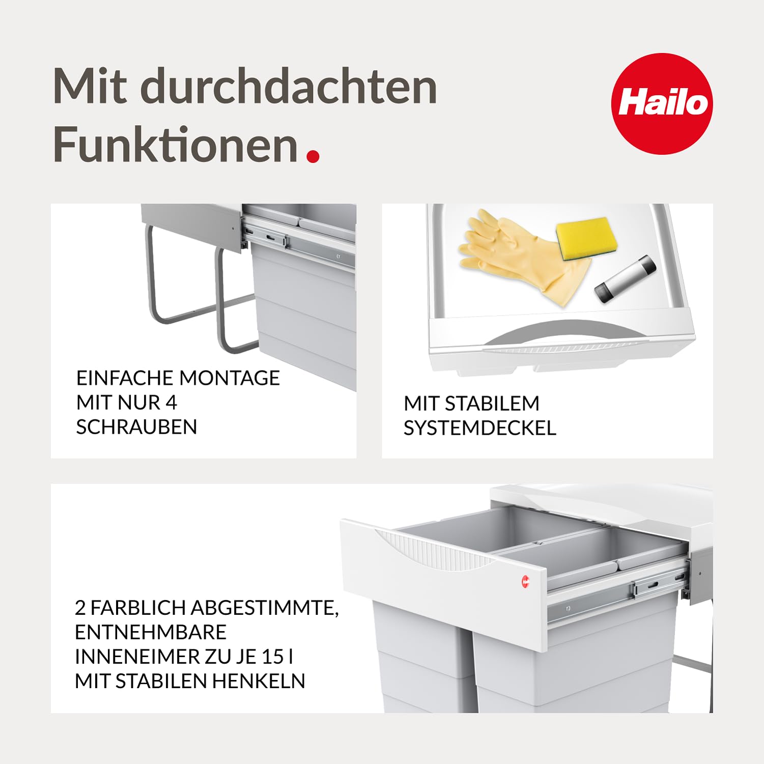 Hailo TR Swing 3644701 Rubbish Bin 50.2/30 for Cabinets from 500 mm with Hinged Door, Grey