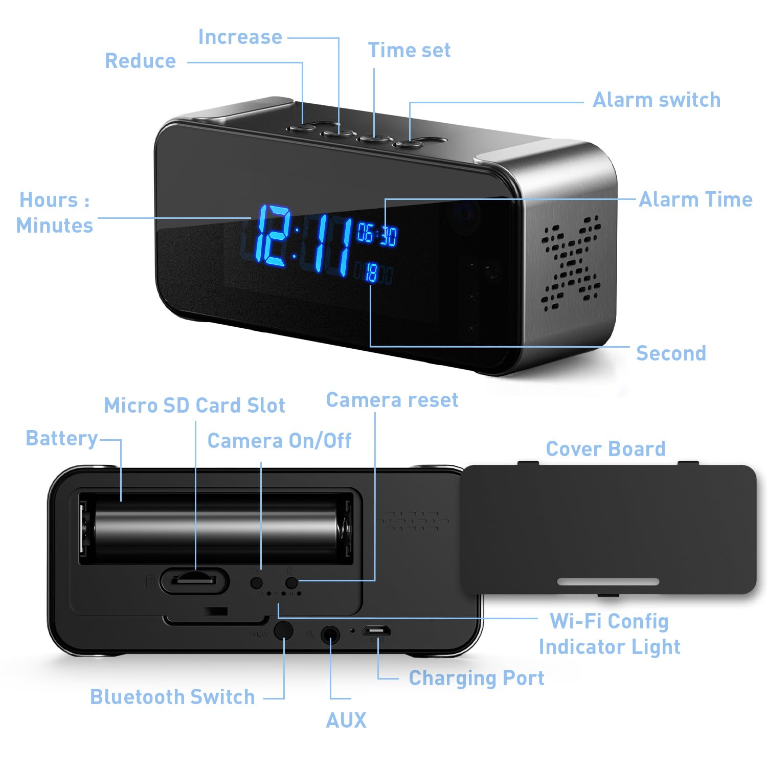 Cámara oculta, cámara de seguridad inalámbrica para interiores para niñera/mascota/bebé, cámara espía WiFi con reloj despertador y altavoz Bluetooth, visión nocturna HD 4K y detección de movimiento