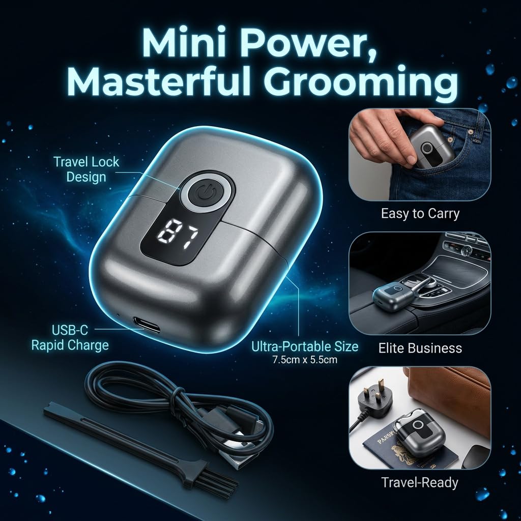 Mini Afeitadora Eléctrica para Hombre, Afeitadora de Viaje Impermeable con Pantalla LED, Carga Rápida USB-C, Silenciosa, Portátil y Compacta para Barba, Cabeza y Bigote - Gris