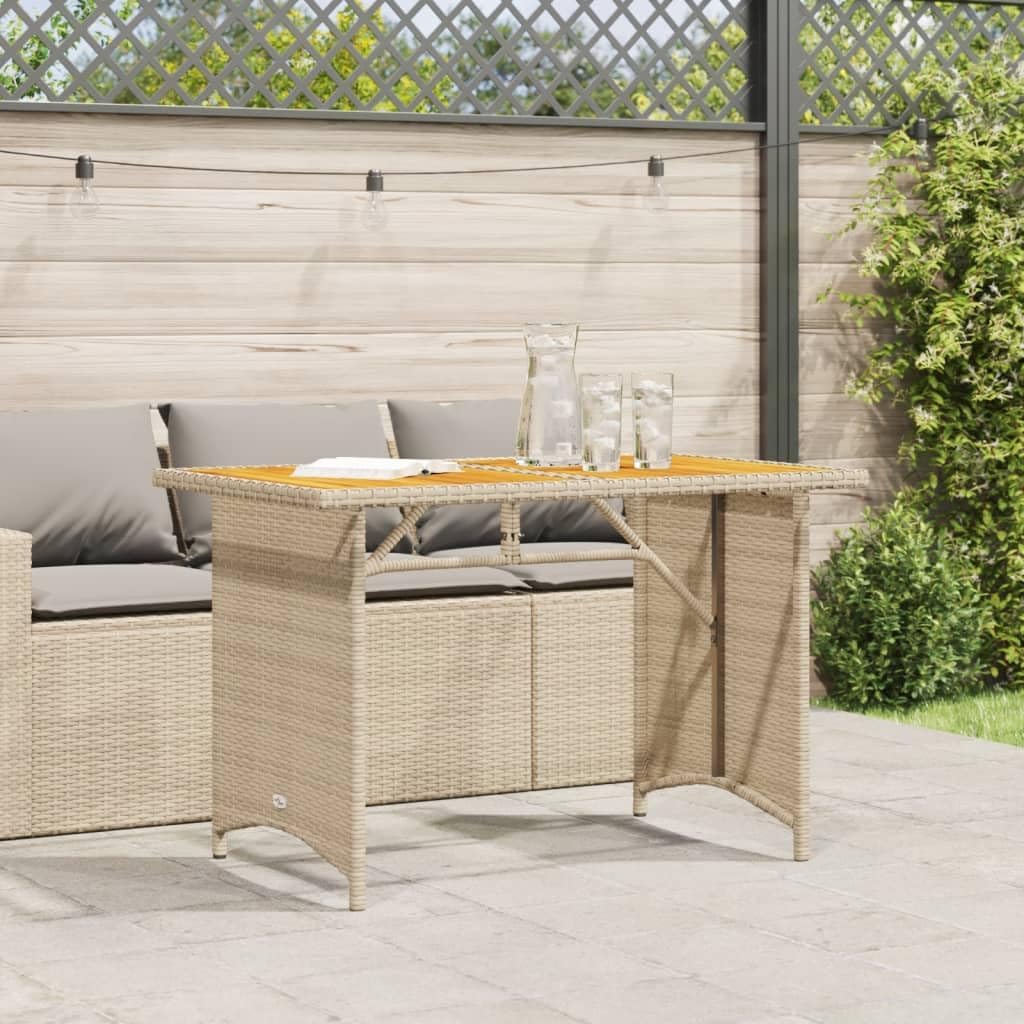 Garden Coffee Table Beige PE Rattan with Powder-Coated Steel and Solid Acacia Wood top, 43.3 x 26.8 x 27.6 in Patio Furniture Outdoor Table for Balcony, Patio, Garden Relaxation and Dining