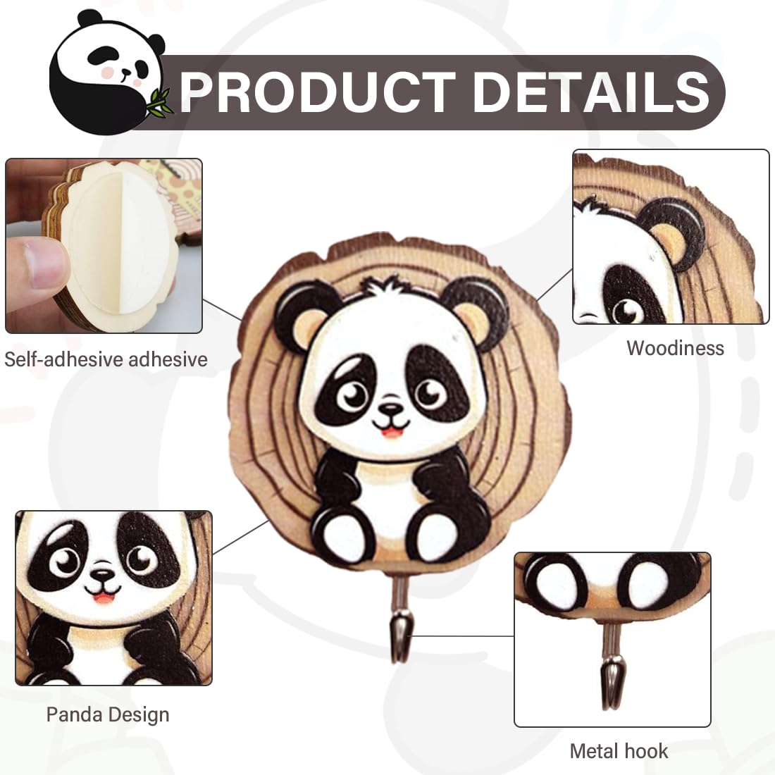 Ganci Autoadesivi per Bambini Panda, Appendini da Parete per Animali, Cappelli, Cucina e Bagno 4 Pezzi