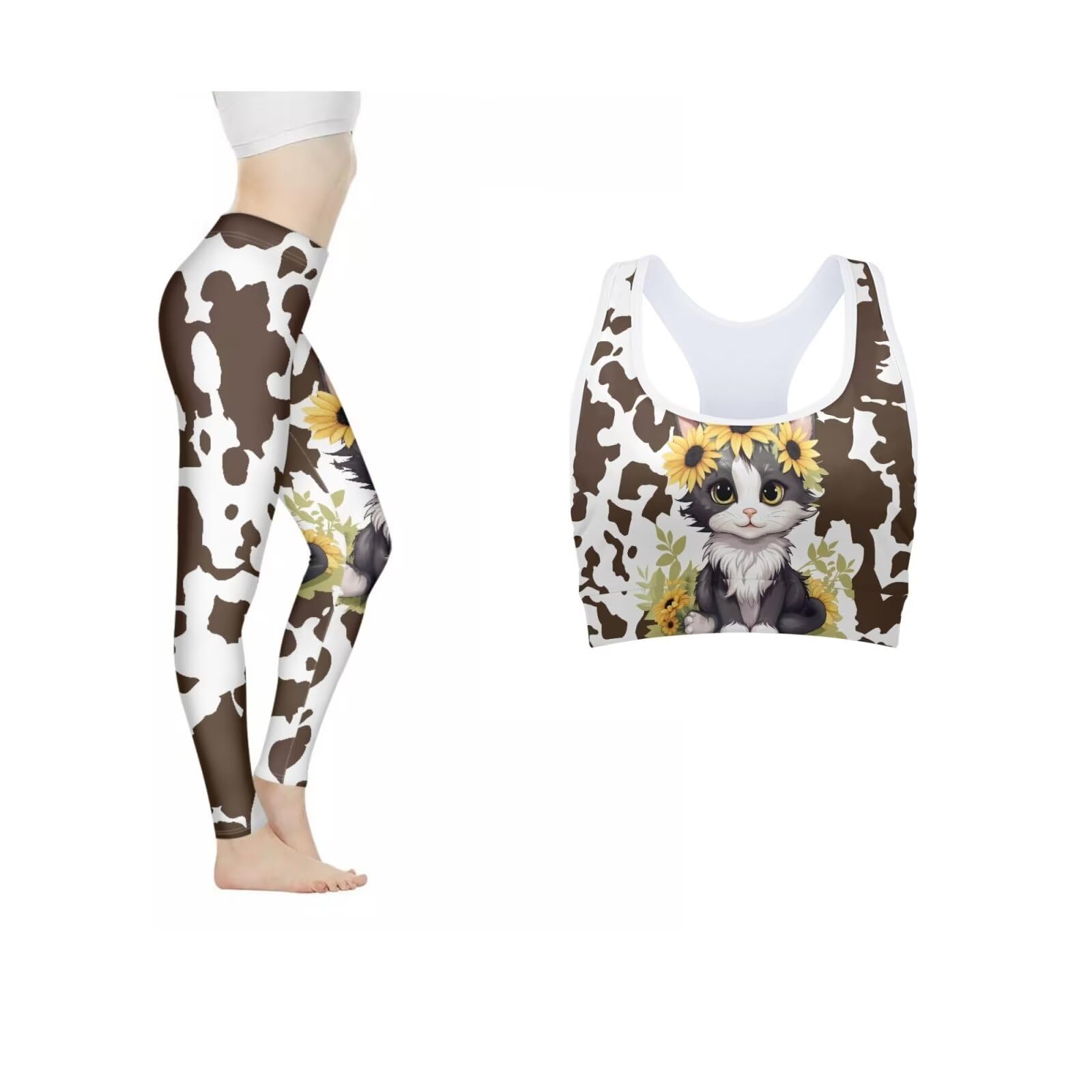 AFPANQZ Cow and Cat Womens 2 Piece Tracksuit Workout Set, High Waist Leggings Butt Lift Full Length Tight Pants Sports Bra Tank Top Wirefree Gym Fitness Bra Padded High Impact Sexy Running Jogging