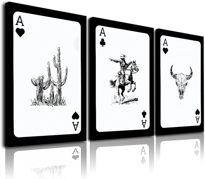 Western Cowboy Wall Art Set of 3, Bull Skull Cowboy Rodeo Cactus Playing Ace Card Vintage Western Room Decor, Southwestern Canvas Art Print, Retro Black & White Pictures for Bedroom Living Room Framed 12x16 Inch