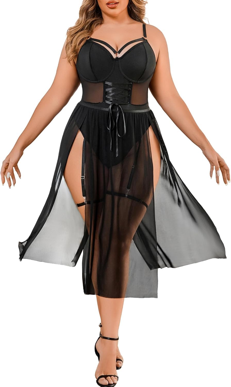 ssoshhub Sexy Plus Size Lingerie Set for Women Sexy Bodysuit with High Slit Dress and Garter Belt-picture-44