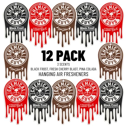Chemical Guys Car Fresheners Hanging Air Fresheners Variety Scent Pack 12 Pack - for Cars Home Garage Workspace Dorm Room & More (4 x 3 Packs Black Frost Cherry Pina Colada)