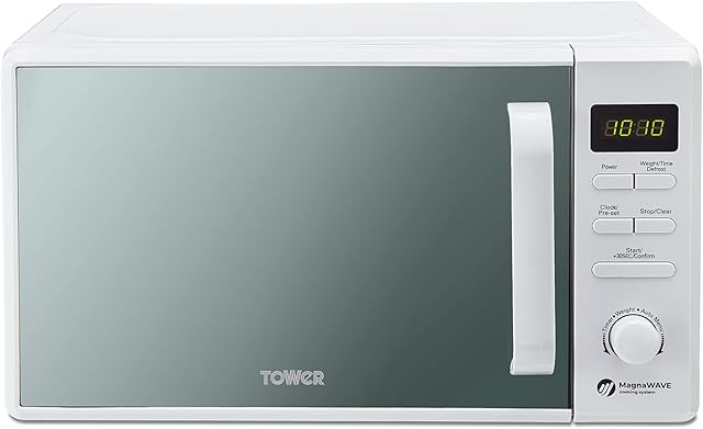 Tower T24037WHT Digital Microwave with Sleek Mirror Door, 800W, 20L, White