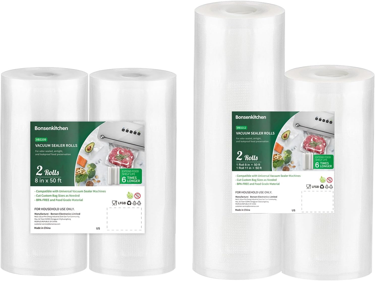 Vacuum Food Sealer Bags 8" x 50' & 11" x 50' + 8" x 50' Rolls 2 pack (Total 4 Rolls)