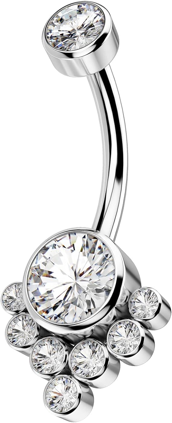 Solid Titanium Belly Button Rings Piercing, Implant Grade V shape Navel Rings,Low Gloss Polished Silver Color Bar Smooth Surface,Crystal CZ,14G-image-1