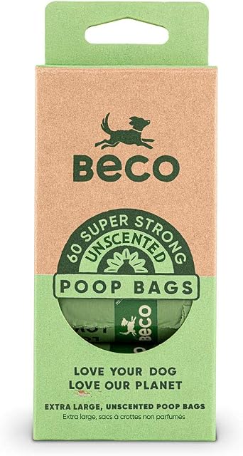 Beco Strong & Large Poop Bags - 60 Bags (4 Rolls of 15) - Unscented - Dispenser Compatible Dog Poo Bags