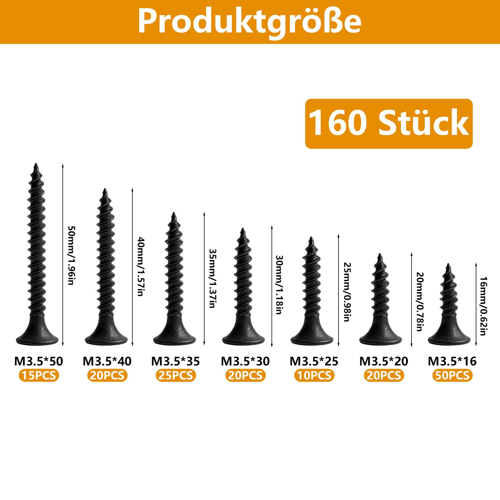 160 PzViti per Legno M3.5, Assortimento di Viti Autofilettanti Nere, Set di Viti a Testa Svasata Piatta per Legno, Cartongesso, Mobili e Riparazioni fai da te