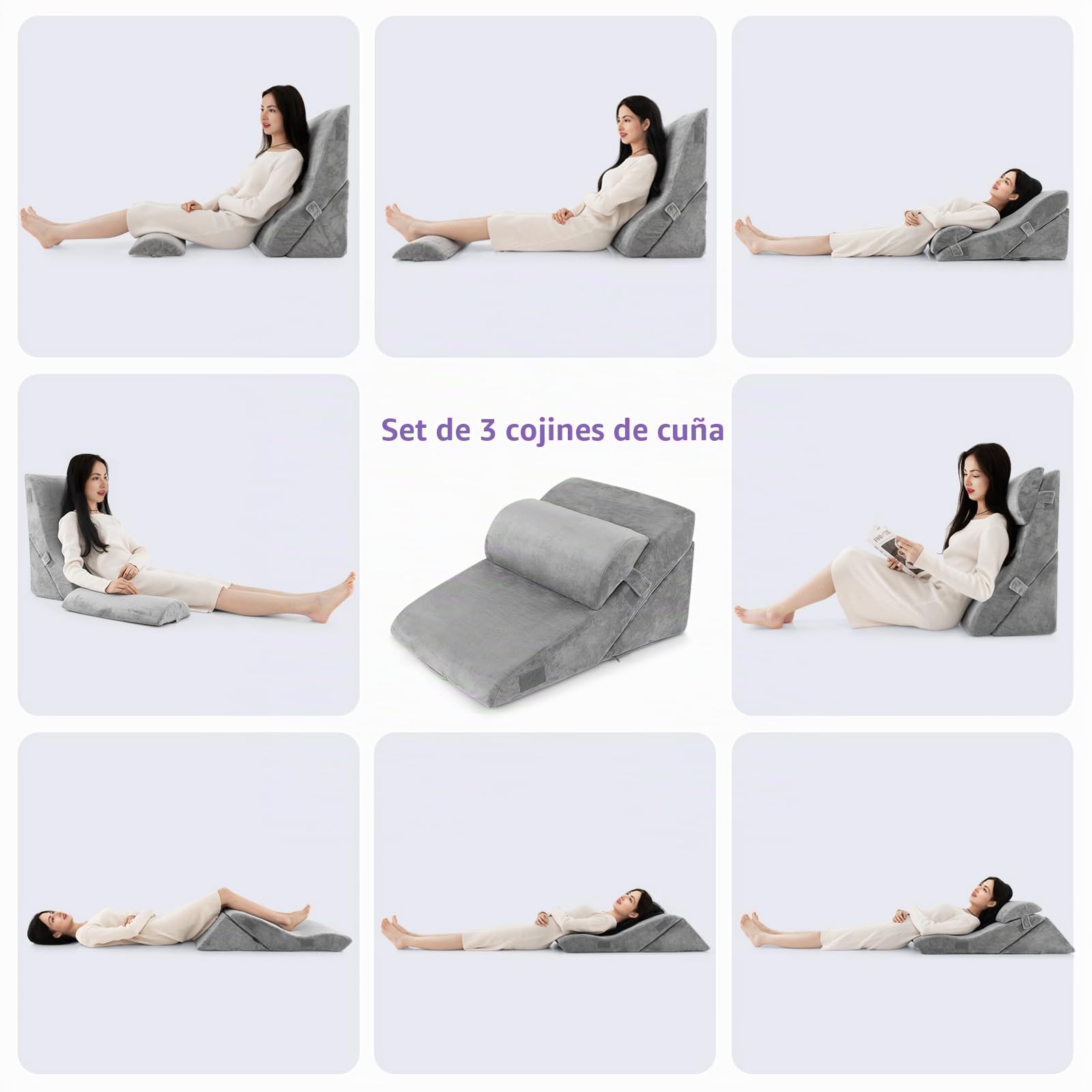 GOPLUS Juego de 3 cojines de cuña con cojín cervical extraíble y funda lavable, cojín de respaldo con espuma viscoelástica, soporte para la espalda, cojín de lectura para cama y sofá