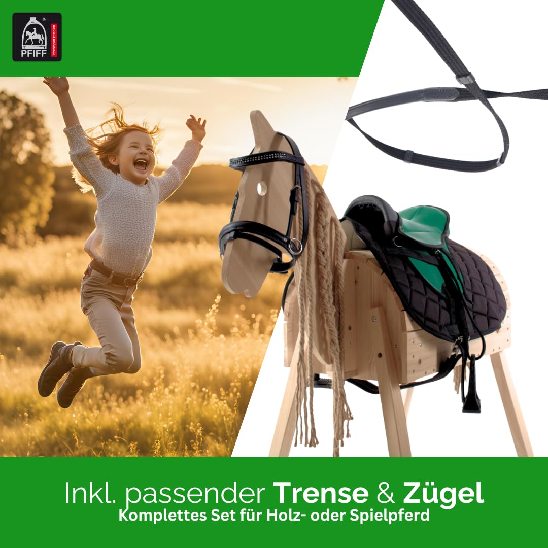 PFIFF 103122 Kinder Sattelset für Holzpferde, Reitset, Sattel und Trense für Spielpferde, Grün, MS