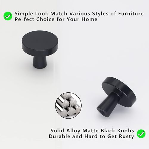 Miniatura 6 de Paquete de 5 pomos negros para gabinete, pomos sólidos para cajones, pomos de armario de cocina, pomos negros mate de un solo agujero para armarios