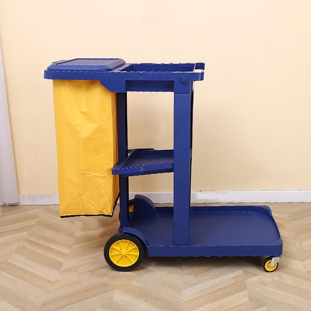 LJYKBFL Commercial Janitorial Cart With Reliable Vinyl Bag 3-Tier Rolling Housekeeping Trolley For Hotels, & Businesses Heavy-Duty Service Cart In Blue