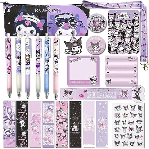 Cartoon Kawaii Set Including Bookmarks Pens Card Holders with Lanyard Sticky Note Ruler Stickers Button Badges Keychain Cover