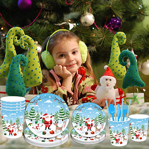 Christmas Party Supplies, 161PCS Christmas Disposable Dinnerware Set Includes Serving 16 People Dinner Plates, Napkins, Cups, Straws and Balloons, Suitable for Christmas and New Year Party Tableware - Thumbnail 4