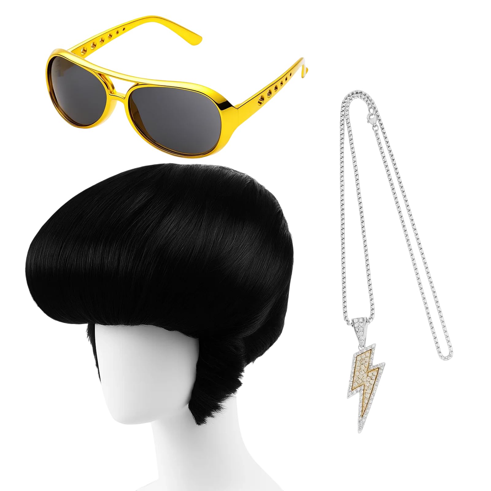3 Pcs Set 50S Rock Legend Wig Accessories, Including Sunglasses Necklace, Men's Rock Singer Costume, 50 60 70S Style Disco Party, Halloween Cosplay