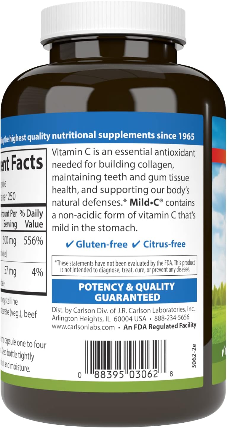 Carlson - Mild-C, 500 mg Buffered Vitamin C, Immune Support & Optimal Wellness, Antioxidant, 250 capsules
