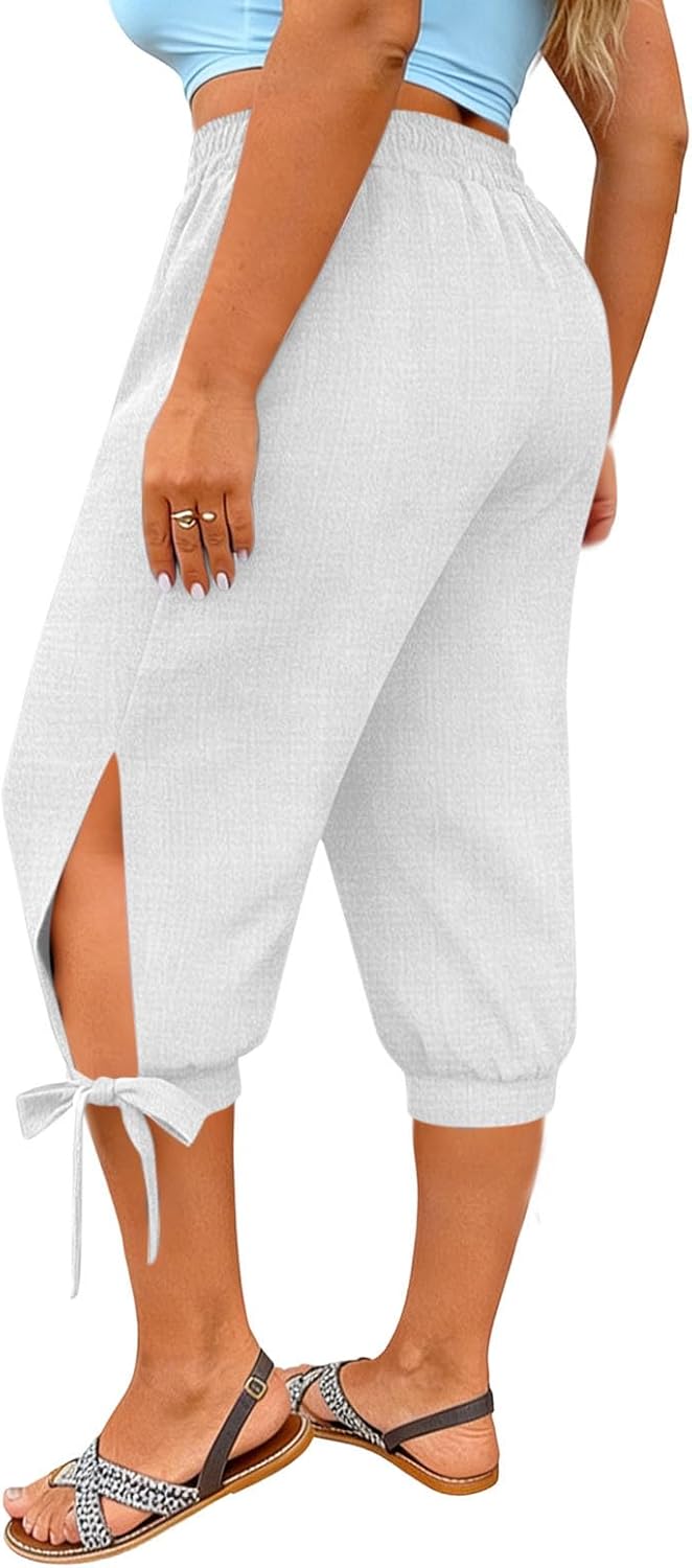 YRAETENM Plus Size Capris for Women Elastic High Waisted Cotton Linen Capri Pants Summer Loose Casual Tie Knot Trousers