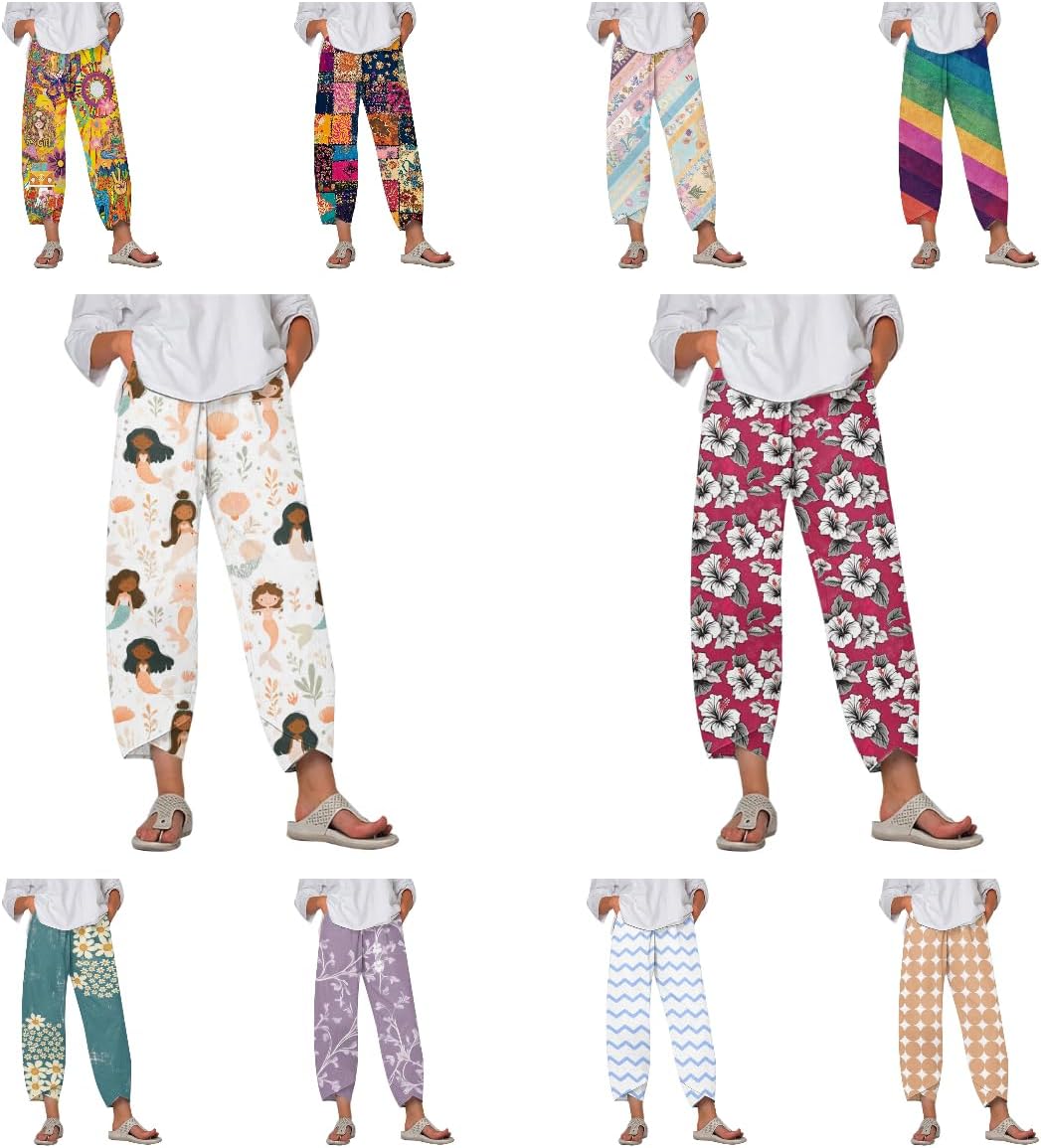 Capri Pants for Women Summer Beach Wide Leg Casual Comfy Elastic Waist Relax for Vacation Lightweight House Trouser - Image 4