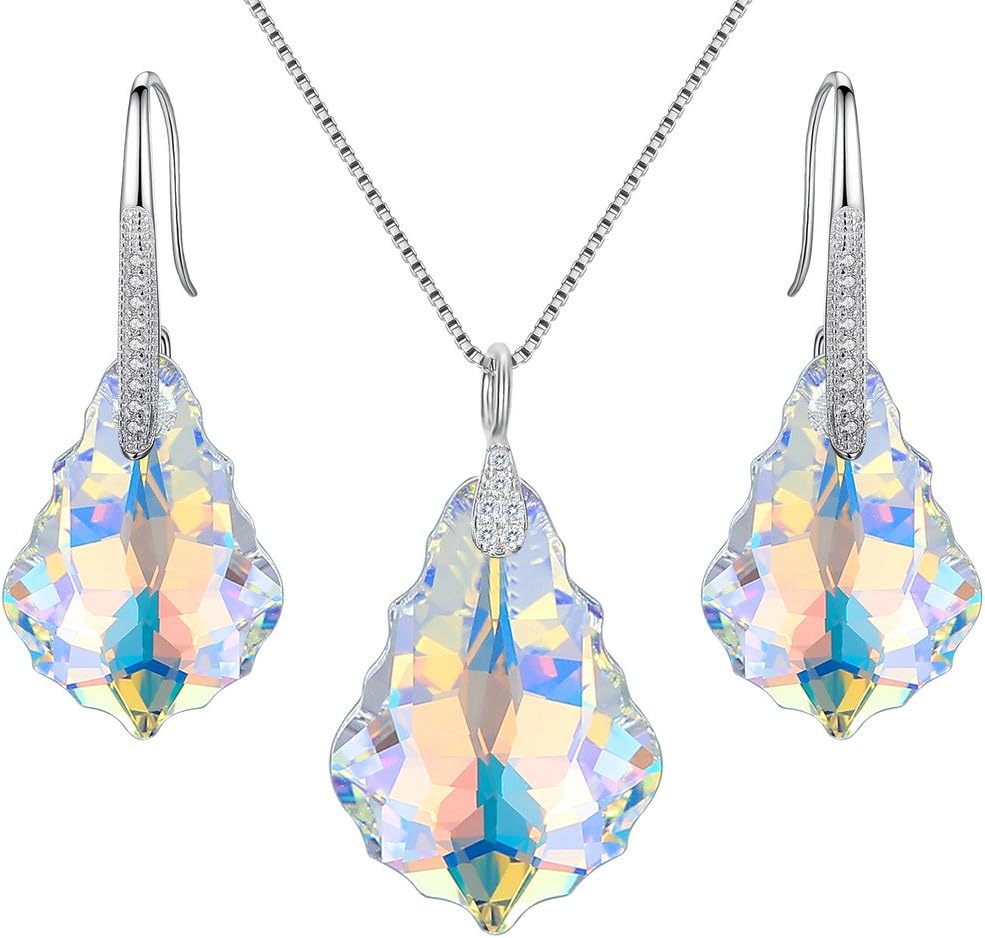 925 Sterling Silver CZ Baroque Drop Pendant Necklace Dangle Earrings Set Made with Austrian Crystal, Valentine's Day/Mother's Day/Christmas Jewelry Gift