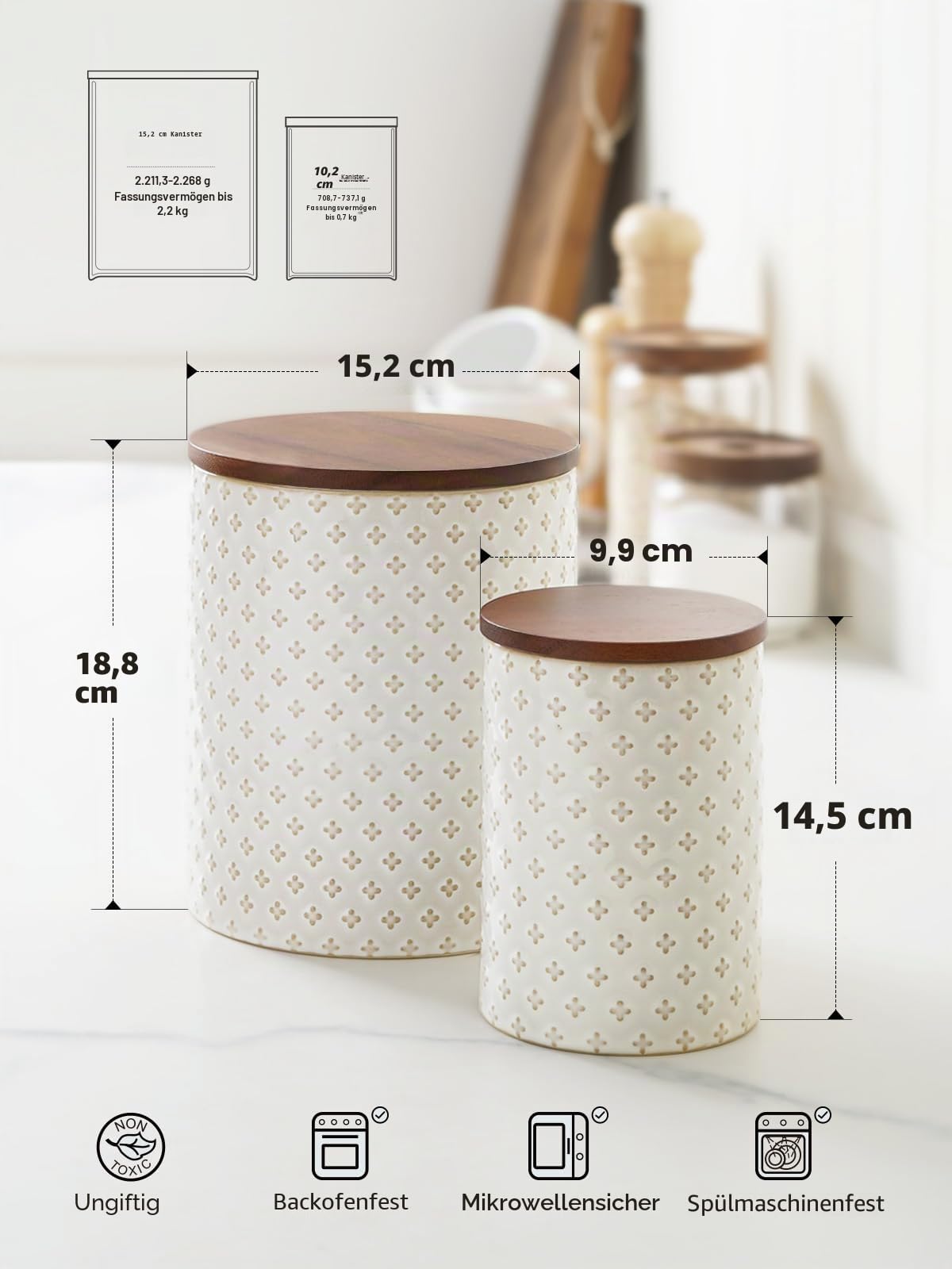 LE TAUCI Keramik Kaffeebehälterset mit luftdichten Deckeln | Dekorative Vorratsdosen für Zucker, Mehl und Tee - große Arbeitsplatten für Speisekammer Dekor, 2er Set, Klee