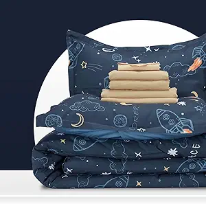 SLEEP ZONE Kids Full/Queen Size - 7 Pieces Super Cute & Soft Bedding Sets & Collections Including Comforter, Sheet, Pillowcase & Sham - Fade Resistant Easy Care (Space Rocket)