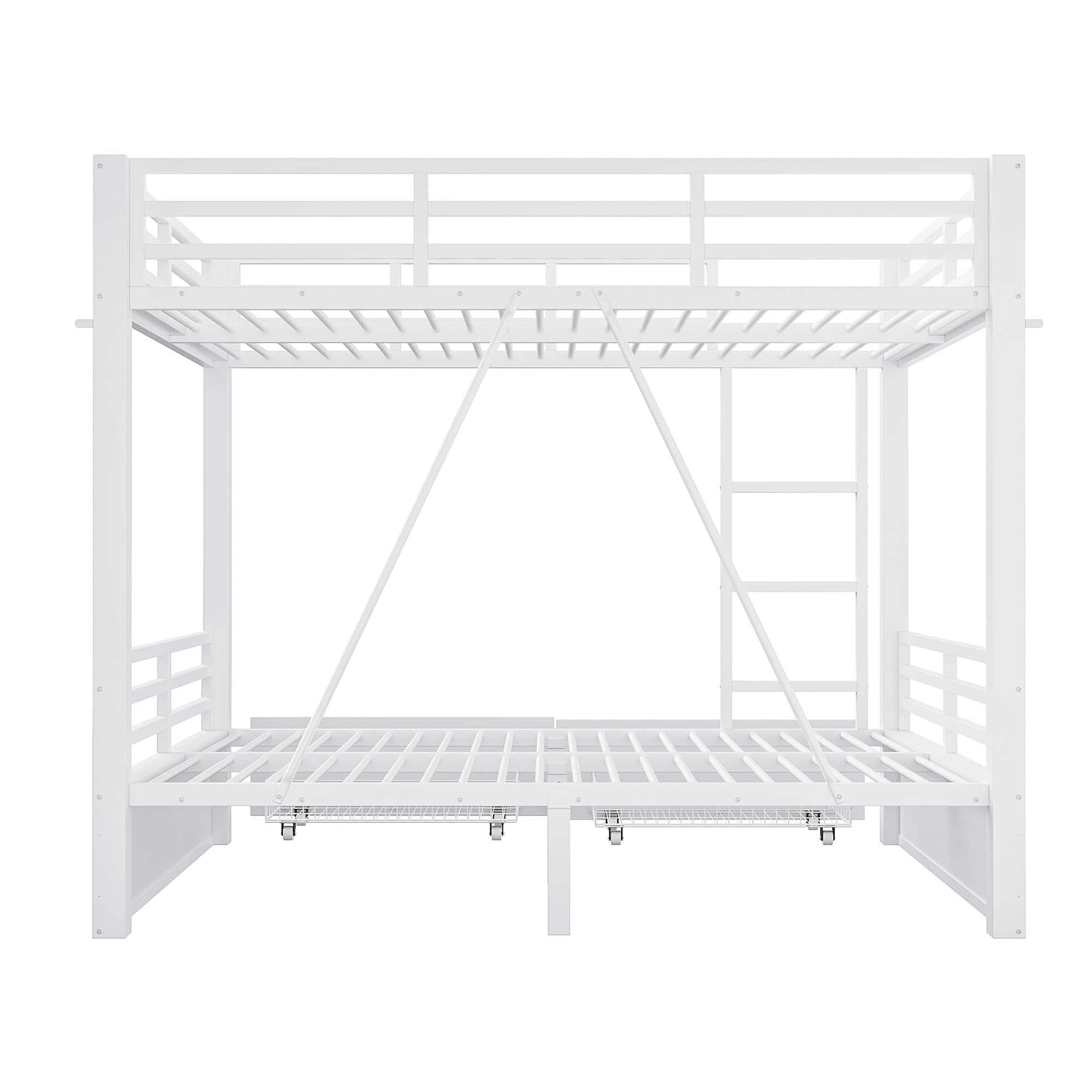 Merax Metall-Etagenbett 140x200 cm mit Schubladen, Sicherheitsgeländer & Leiter – platzsparendes Kinderbett, Weiß (Ohne Matratze)
