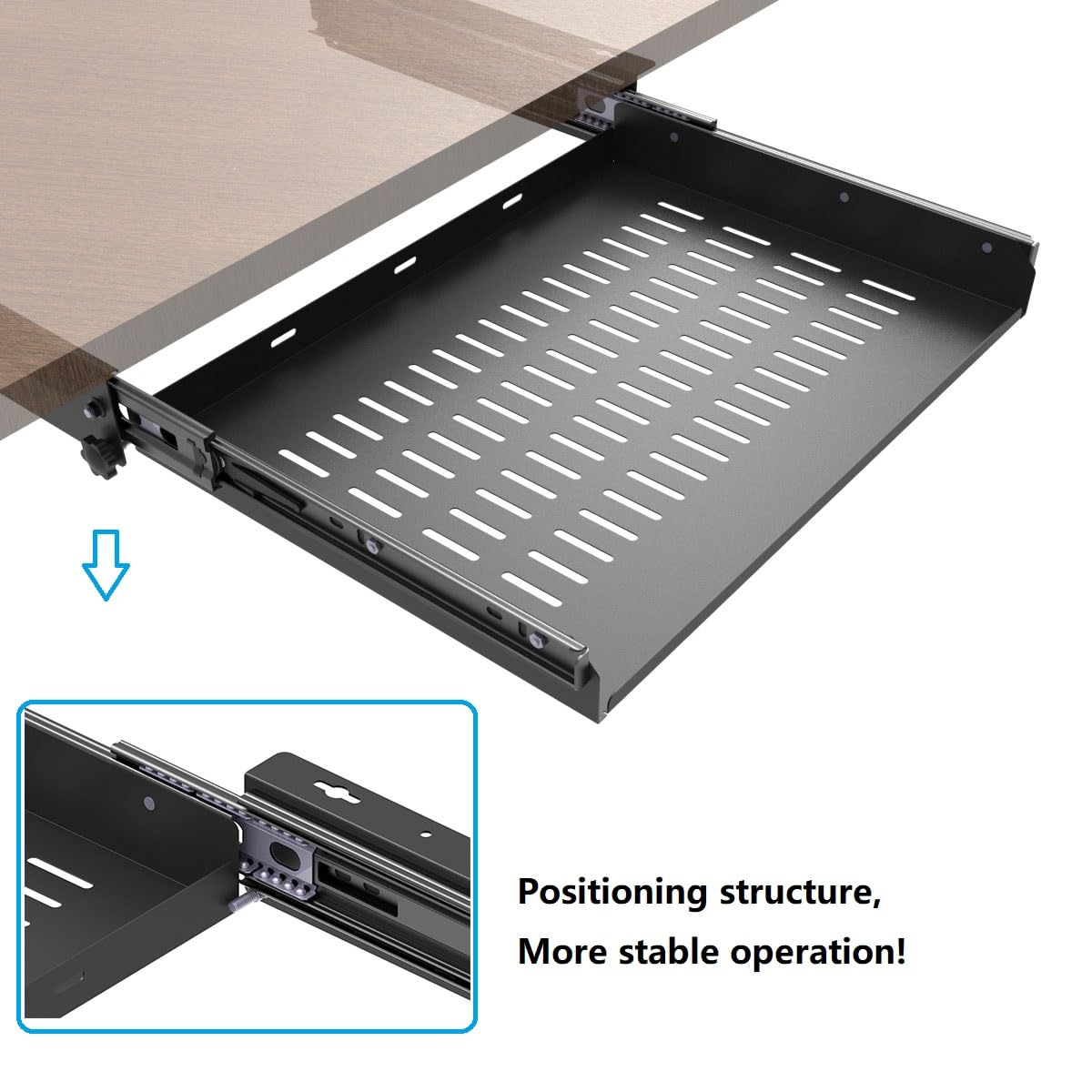 Mensola scorrevole sotto la scrivania per laptop con prese d'aria, vassoio scorrevole in metallo sotto la scrivania per laptop 19,0 "W x 6 cm H x 30,5 cm D (larghezza 40,6 cm)