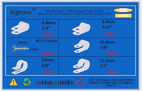 Miniatura 2 de Bigtrans - 300 clips de alambre de plástico de nailon tipo R con tornillos de 1/4 pulgadas, 5/16 pulgadas, 3/8 pulgadas, 1/2 pulgadas, 3/4 pulgadas