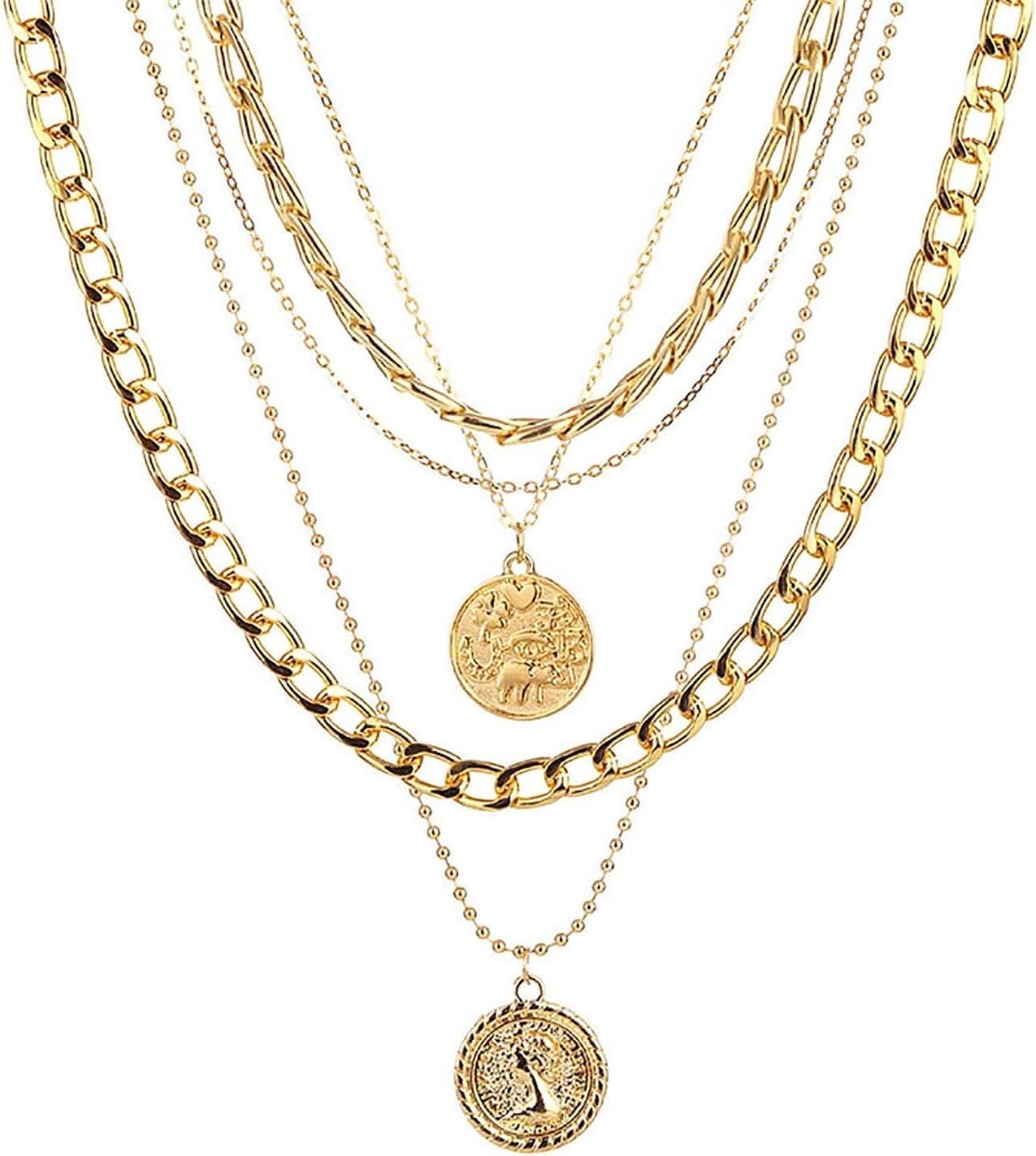 Layered Gold Pirate Necklace for Women Chunky Chain Pirate Jewelry 80s 90s Coin Pendant Necklace Pirate Costume Accessories