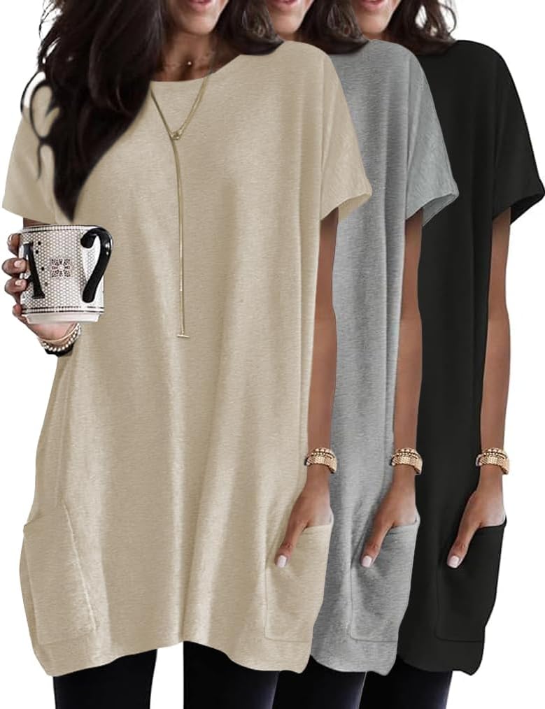 Poetsky 3 Pack Womens Tunic Tops for Leggings Short Sleeve Summer Long T-Shirts with Pockets Loose Tees Blouses