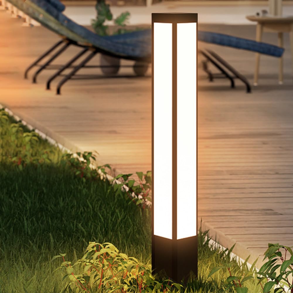 HELCEKOU Modern Landscape Bollard Lights IP65 Waterproof Pathway Galvanized Sheet Rustproof Light with PC Shade Square Lantern for Front/Back Door Walkway Driveway