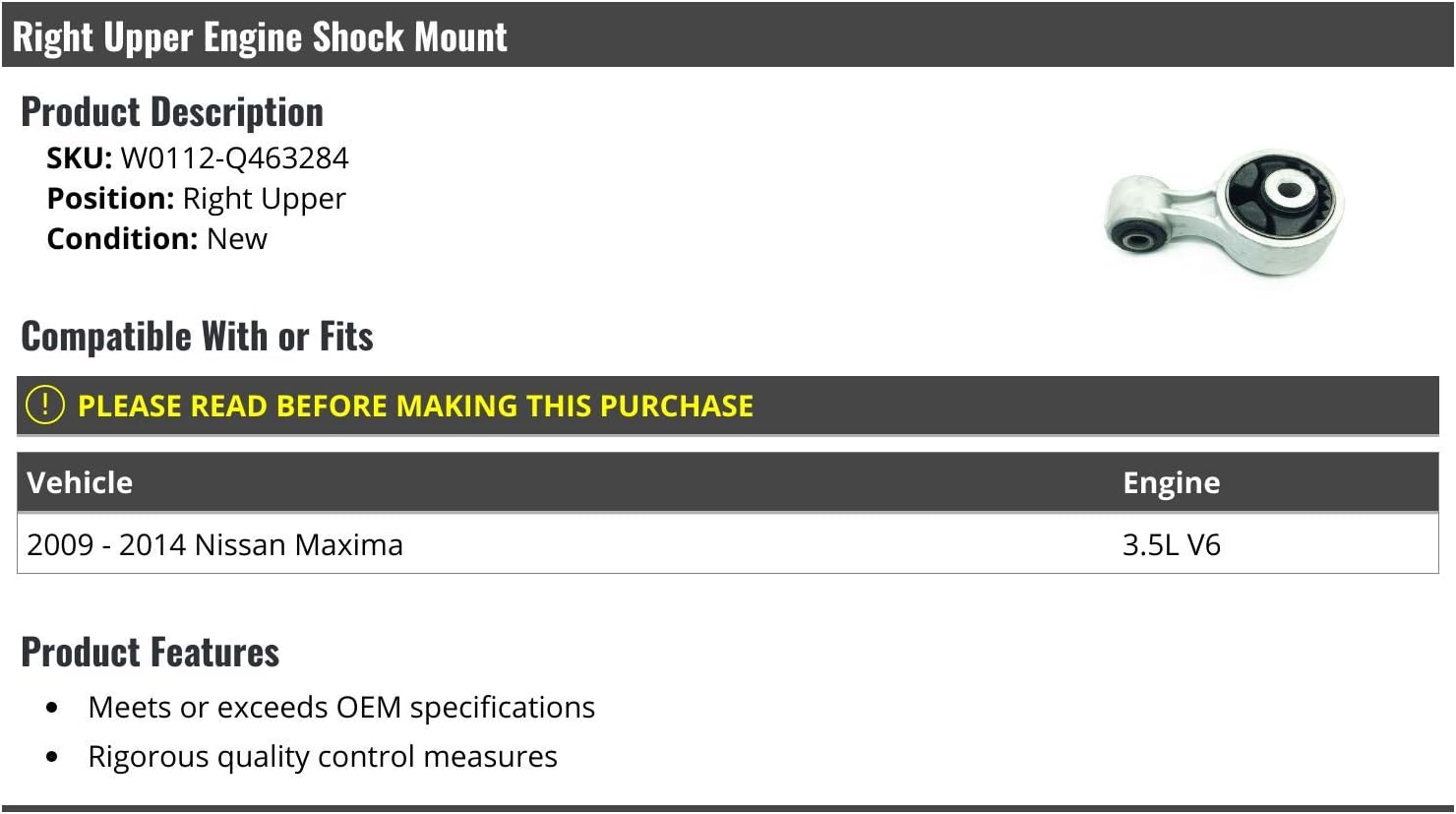 Right Upper Engine Shock Mount - Compatible with 2009-2014 Nissan Maxima 3.5L V6