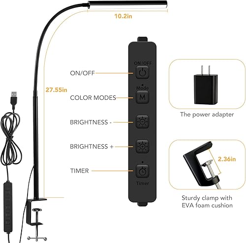 Miniatura 3 de Lámpara de escritorio pequeña LED con abrazadera, lámpara de clip para escritorio con protección para los ojos, 5 modos 10 niveles de brillo,